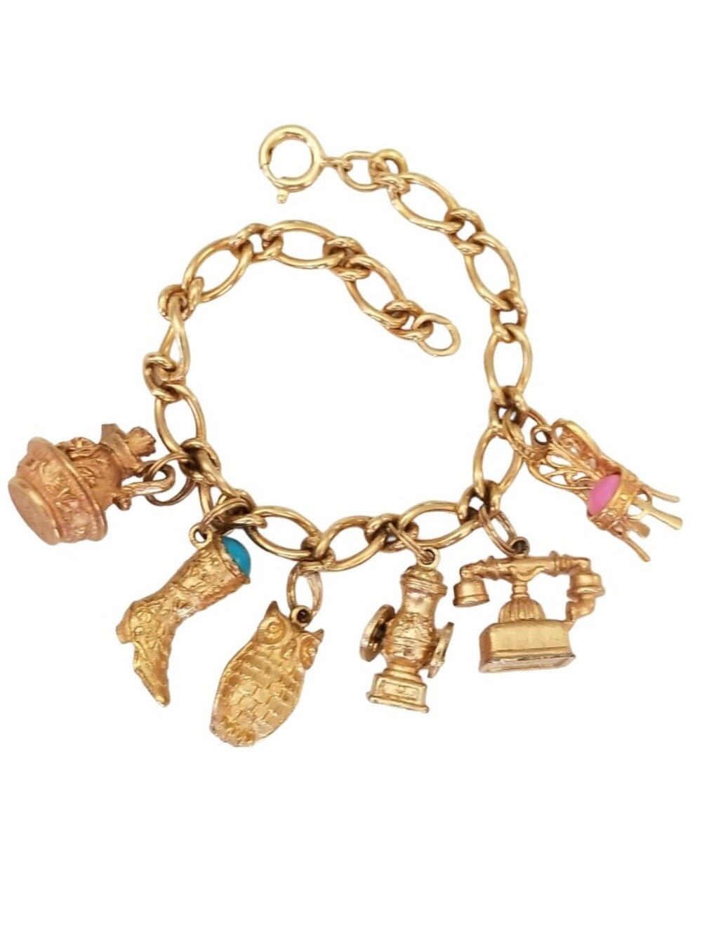 Avon Gold Tone Boot, Chair, Owl Phone Six Charm Bracelet, Signed 7.5 inches M647